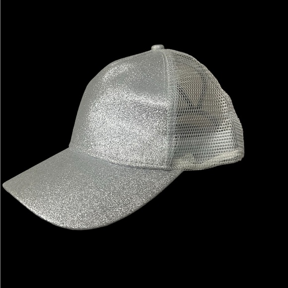 Glitter Ponytail Baseball Cap Silver Mesh High Bun Trucker Hat Adjustable - Picture 11 of 13